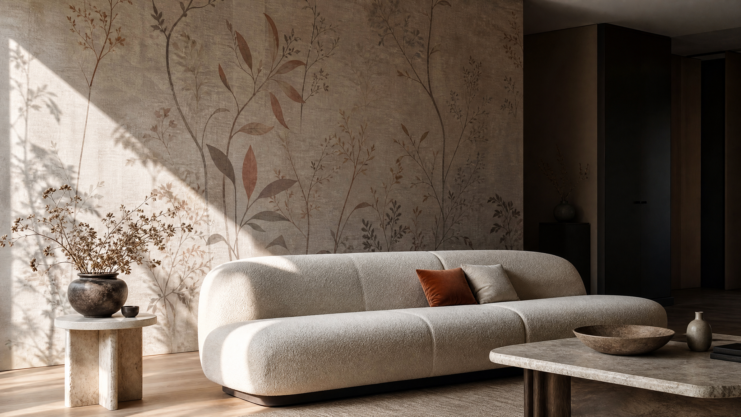 Luxury living room with an elegantly finished wallpaper feature wall